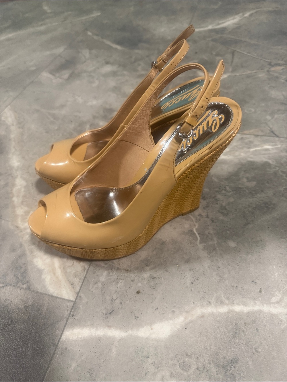 Vintage Gucci Beige Patent Peep-Toe Wedge Sandals